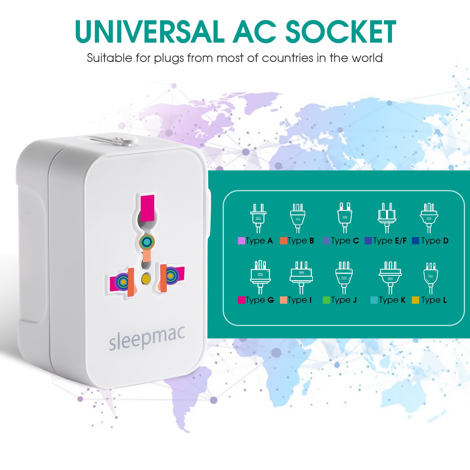 Sleepmac Universal Travel Adapter; 200+ Countries, sleepmac